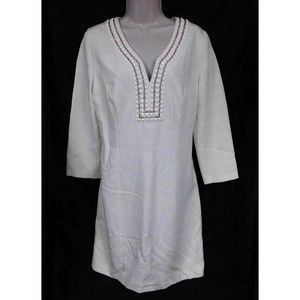 Lilly Pulitzer Bennett Shift Dress Beaded Yoke Ivory Sheath Long Sleeve Size 8